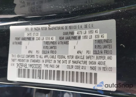 2021 Mazda Mazda3 Select z USA, uszkodzony, nr VIN 3MZBPABL1MM200080